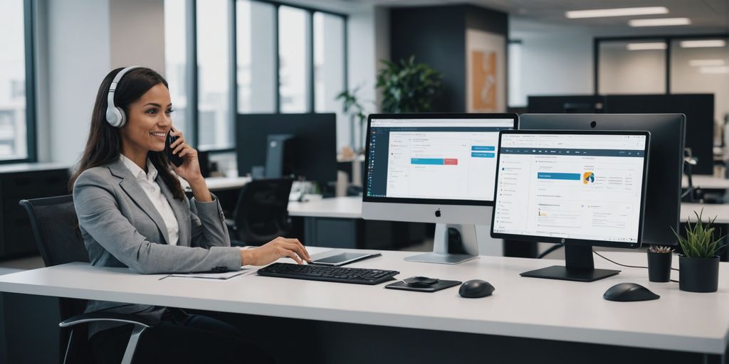 Receptionist at desk with computer and phone