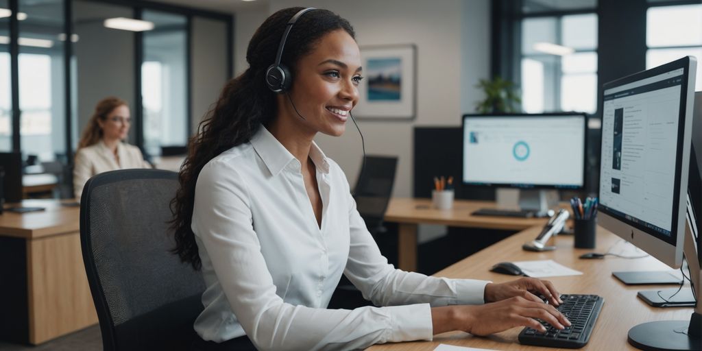 AI receptionist assisting a client at a modern desk