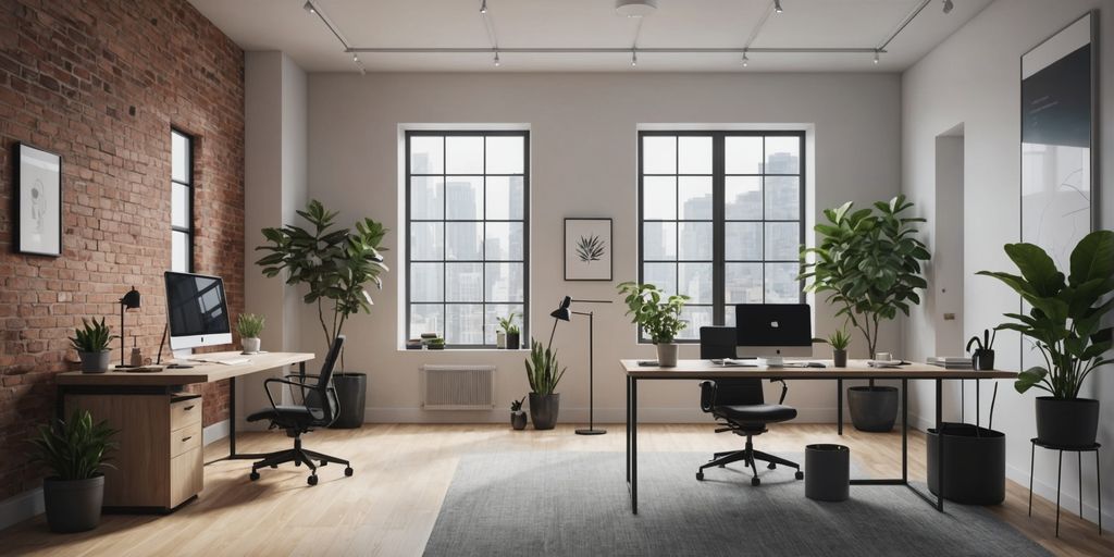 Modern office with AI design and neglected plant.