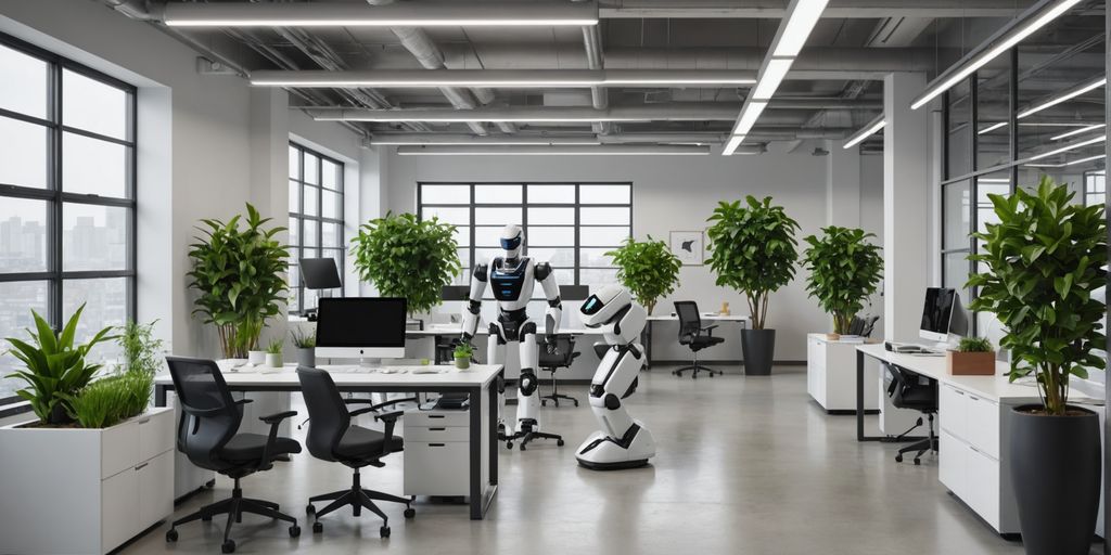 Modern office with plants and a robot assistant.