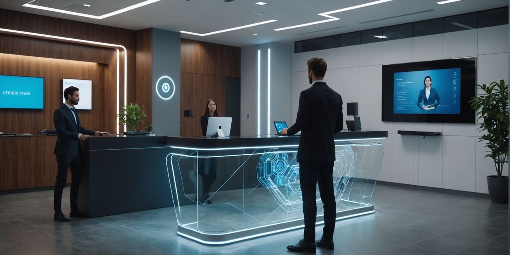 AI receptionist in modern office lobby