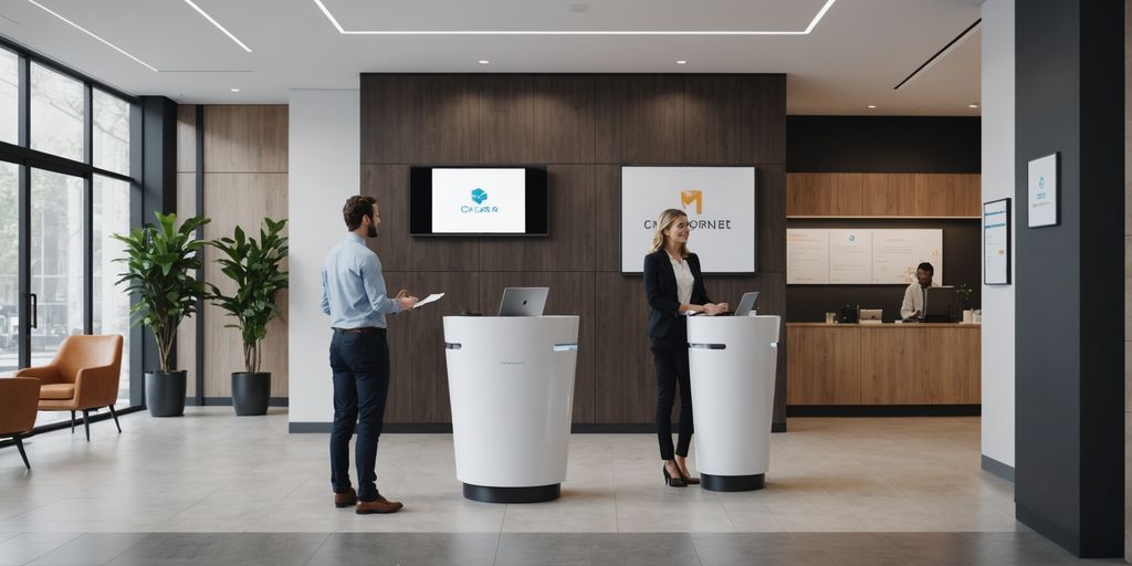 AI receptionist in modern office lobby with employees.