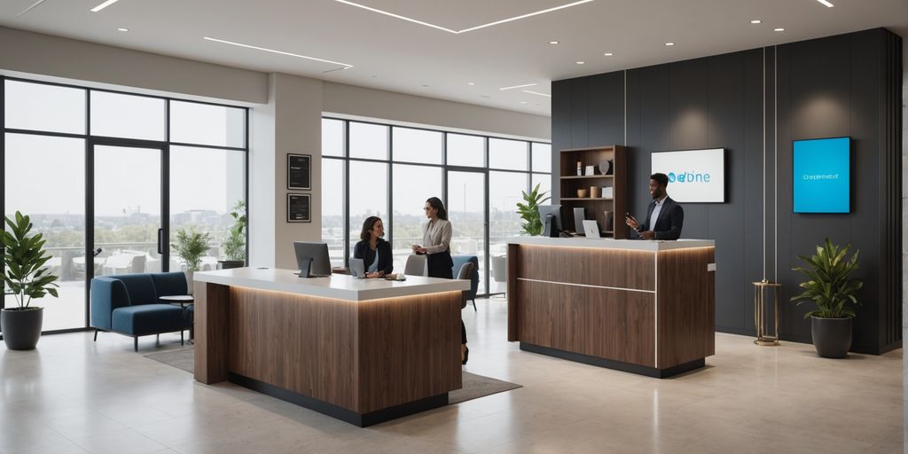 AI receptionist in modern office lobby