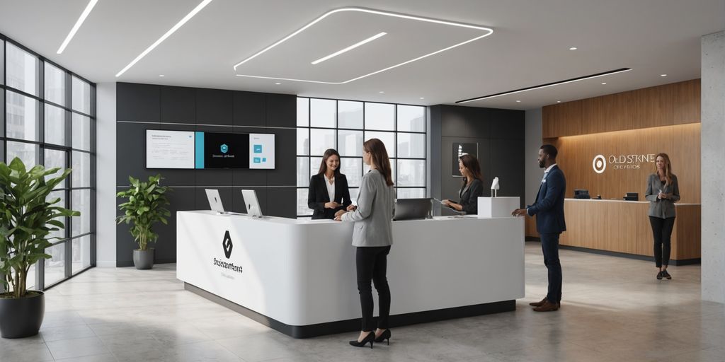 Modern office lobby with AI receptionist kiosk.