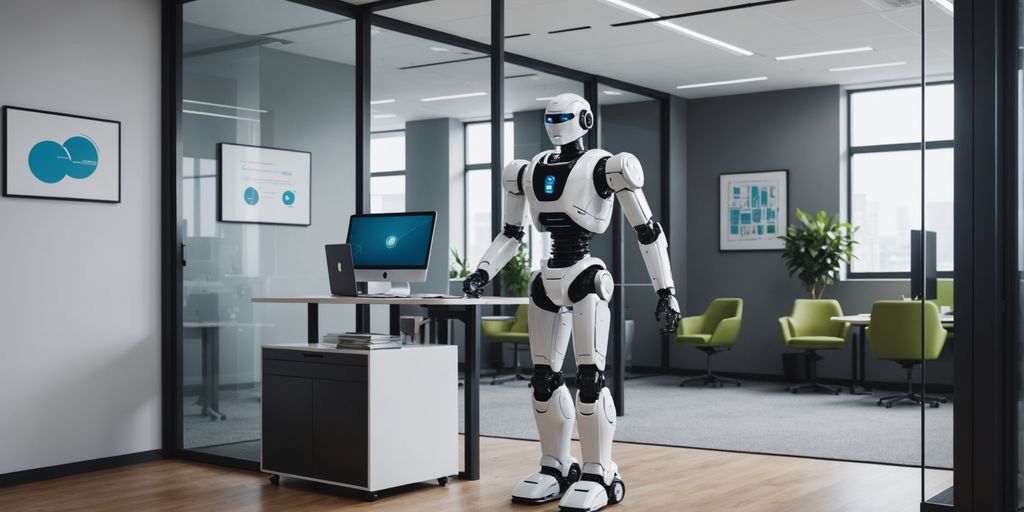 Robot at office entrance symbolizing AI in business.