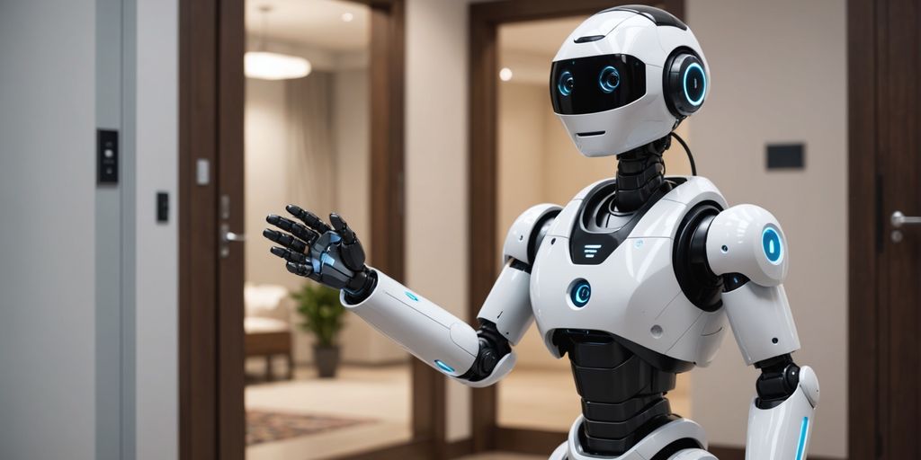 AI robot greeting at virtual doorway