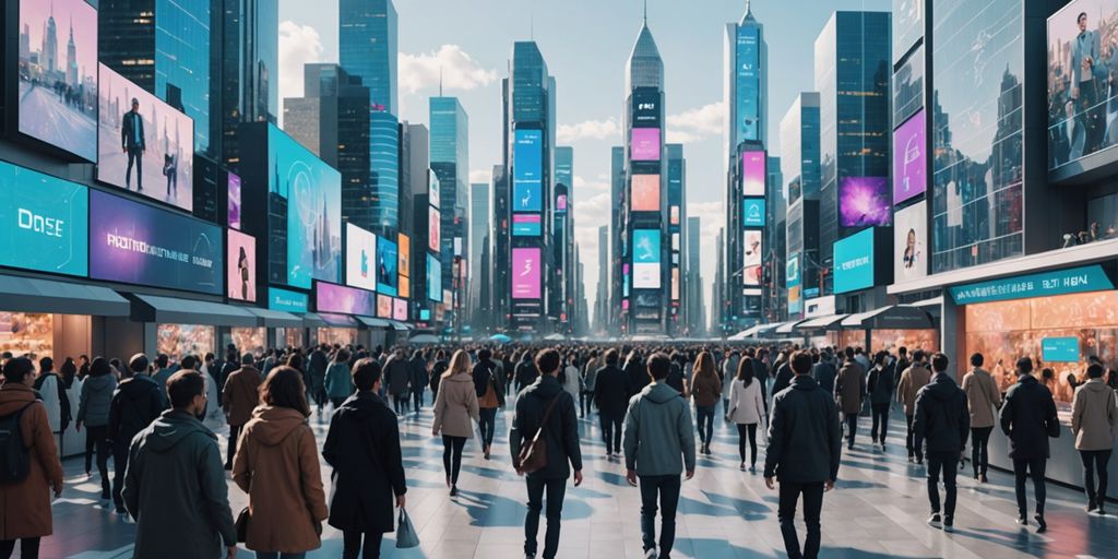 AI figures greeting people in a digital marketplace