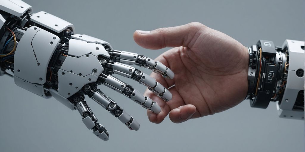 Robot holding human hand gently.