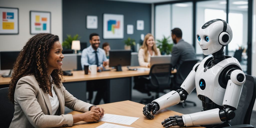 Friendly robot with happy customers in office.