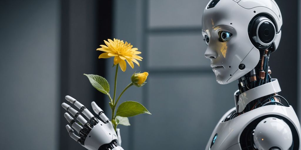 Robot holding a delicate flower gently.