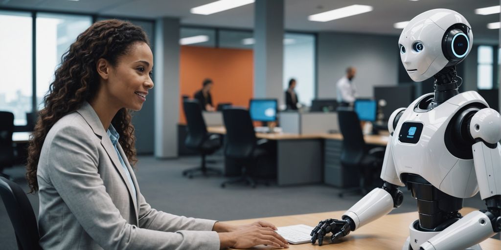 Customer service rep with friendly AI robot in office