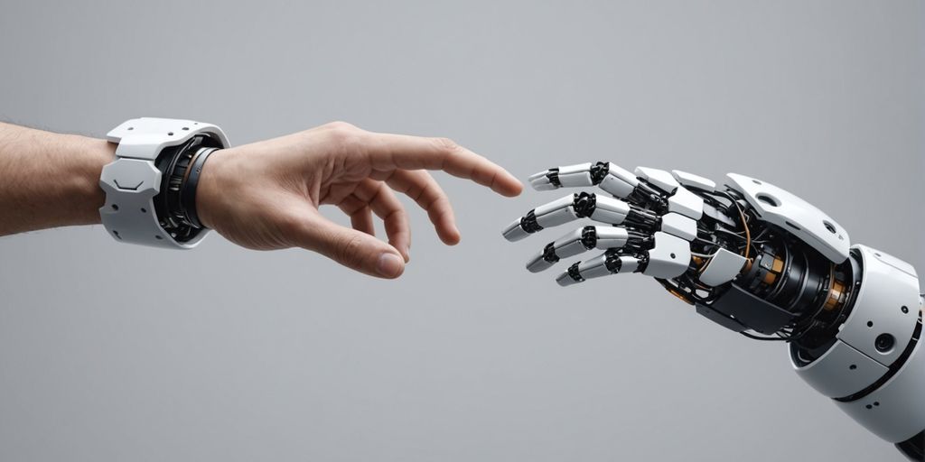 Robot hand reaching out to human hand.