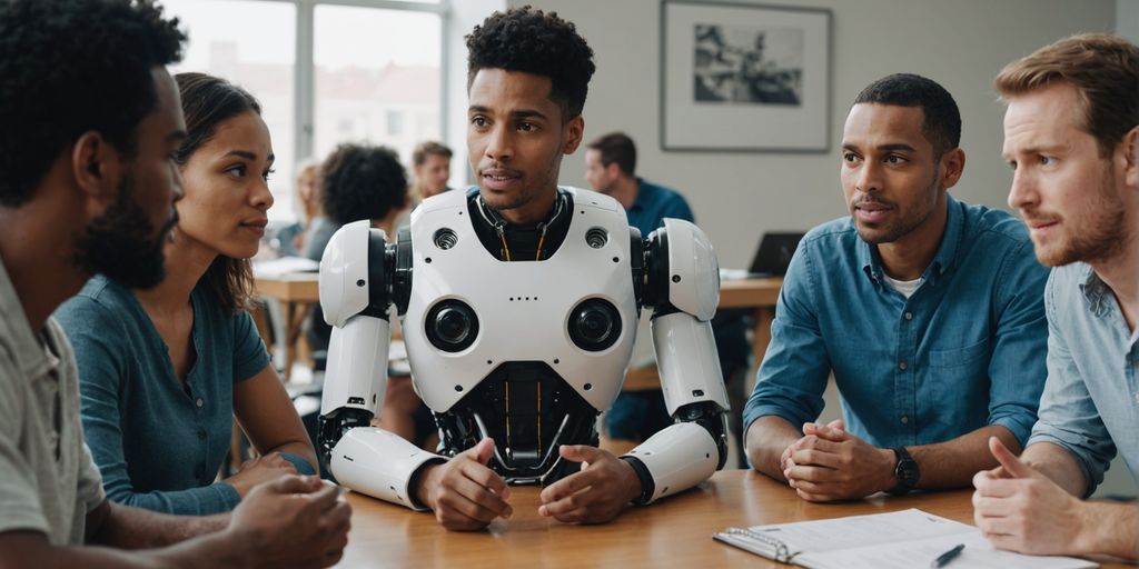 People and a robot discussing around a table.