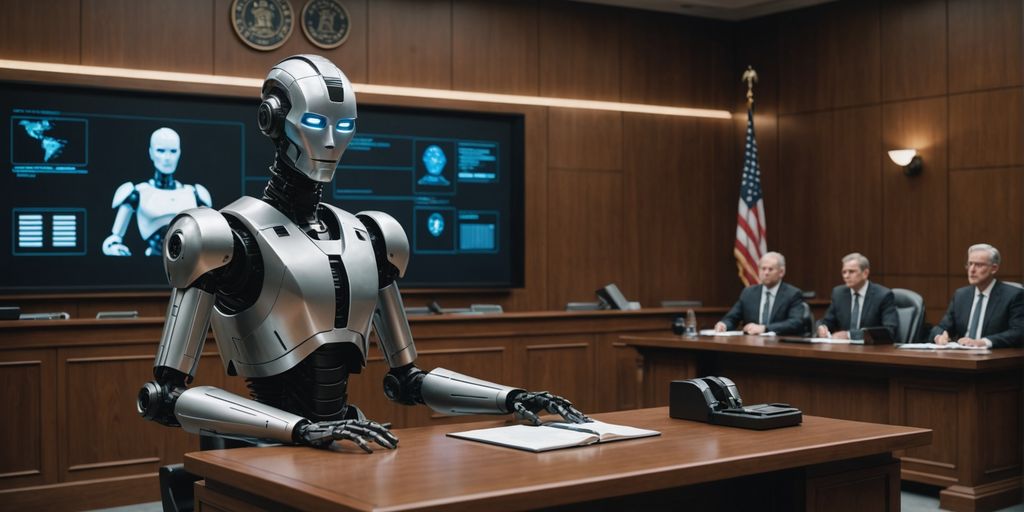 Robot judge in futuristic courtroom with human lawyers.