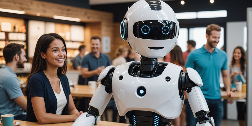 AI robot smiling with diverse customers