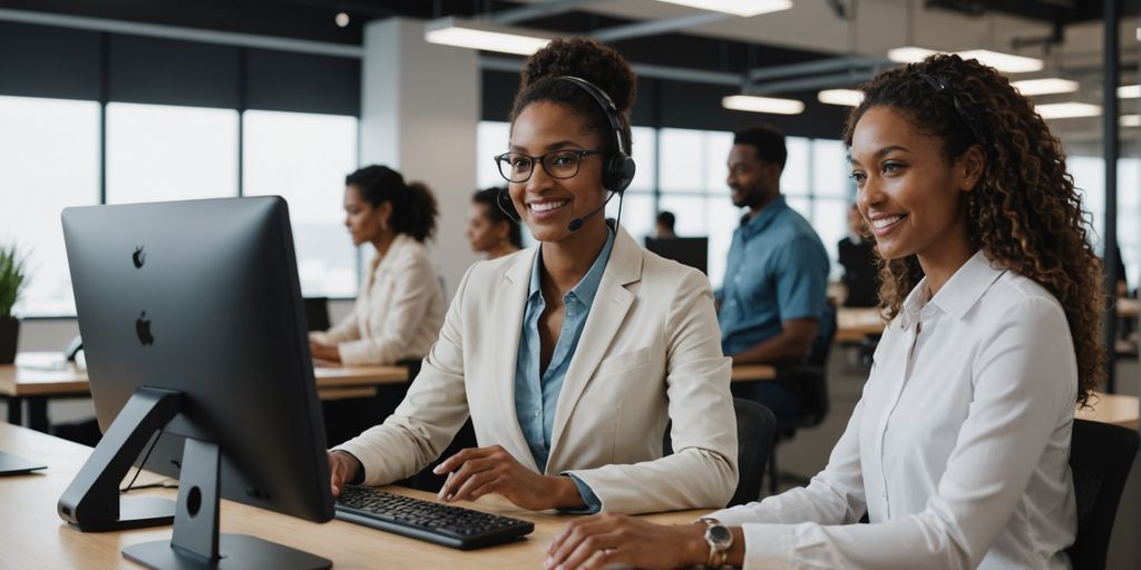 AI receptionist assisting diverse people in modern office