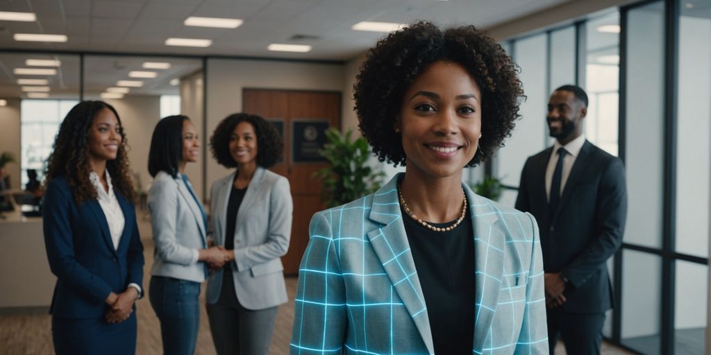 AI receptionist hologram greeting diverse group in office