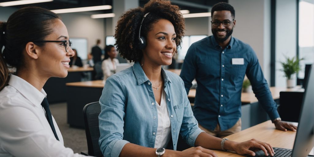 AI receptionist helping diverse people in office