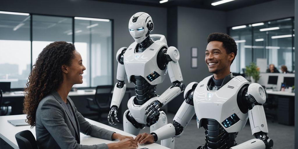 Robot and human laughing together in a modern office.