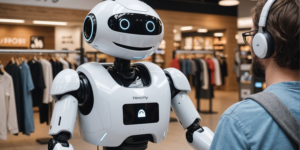 AI robot smiling with happy customers in store