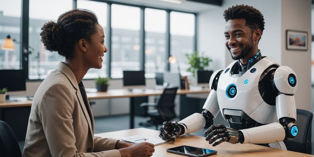 AI robot smiling with a happy customer