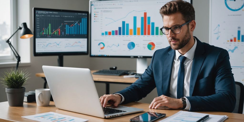 Businessperson using virtual assistant software with growth charts.