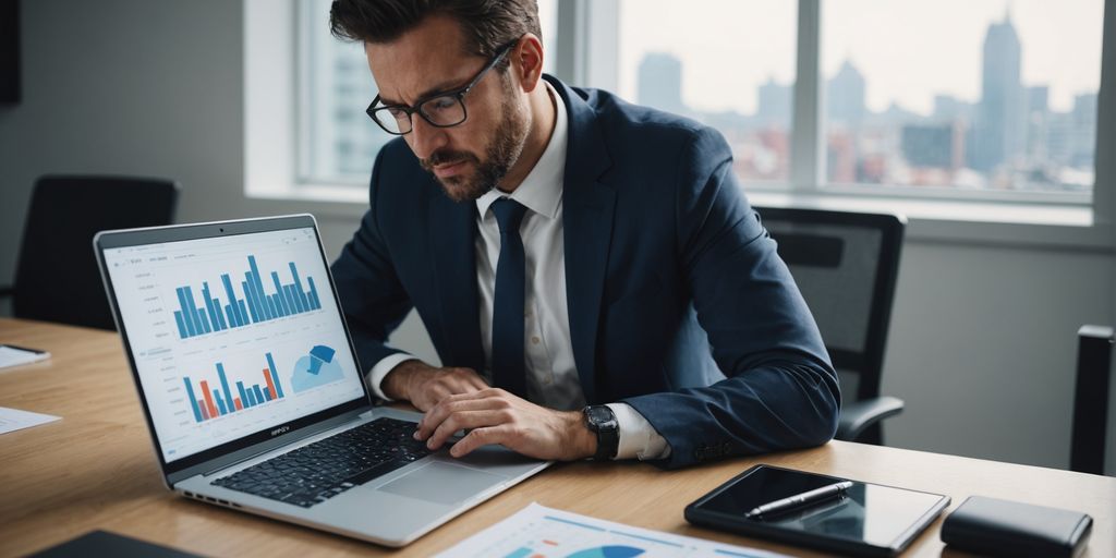 Businessperson working on laptop with charts in office.