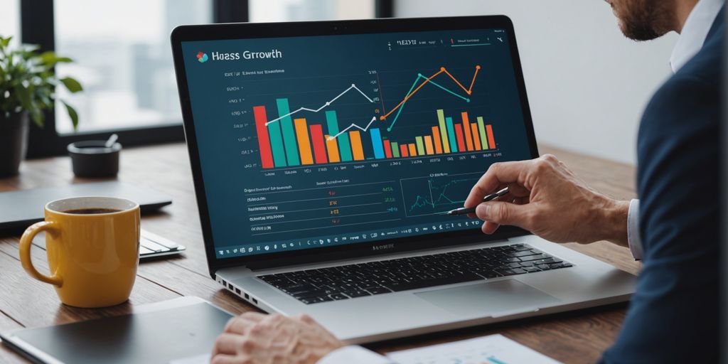 Person on laptop with business charts.