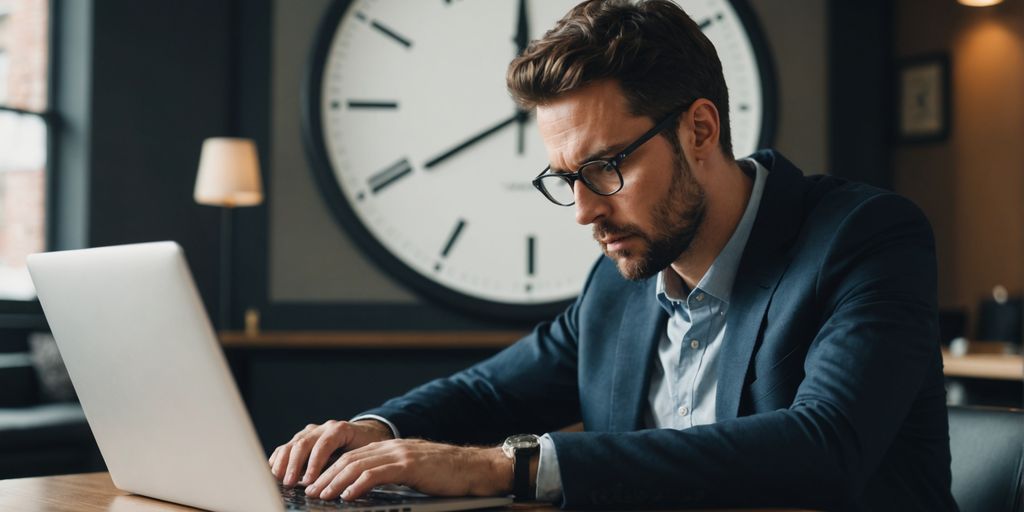 Person managing time on laptop with clock
