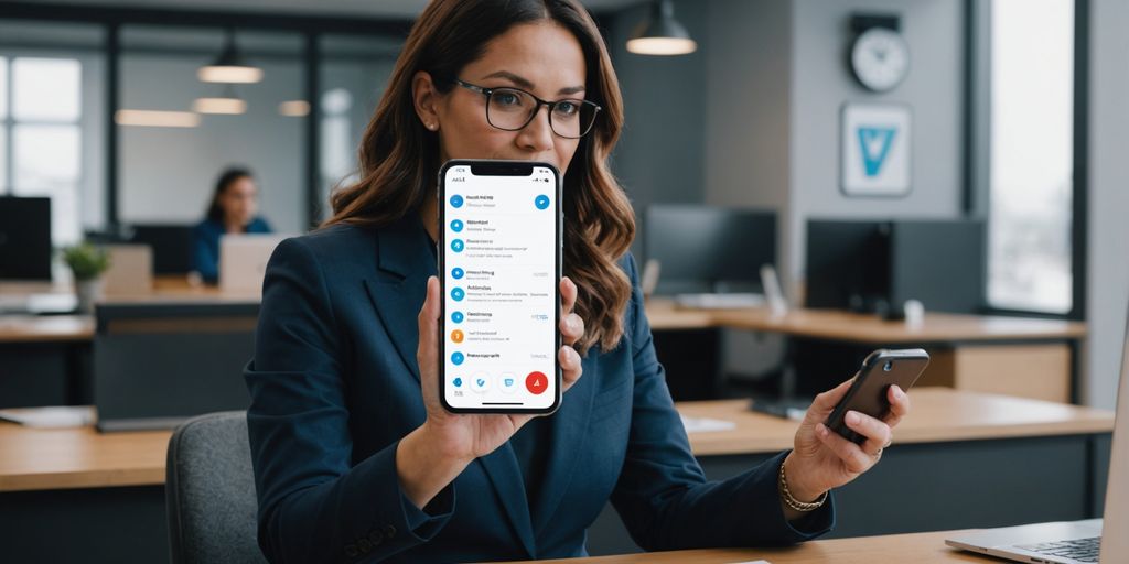 Woman using smartphone with virtual assistant icon