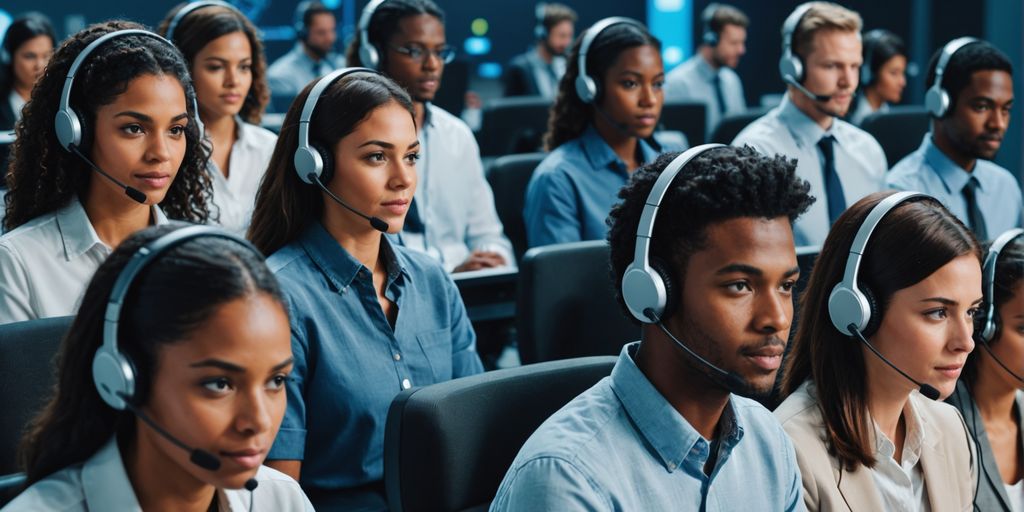 Call center agents with AI technology graphics.