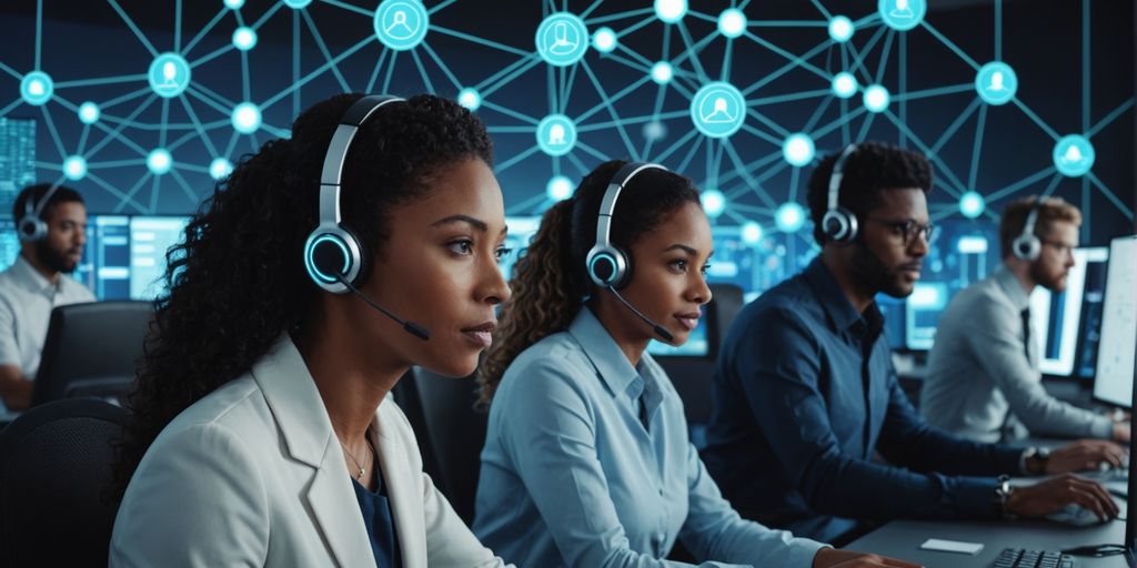 Futuristic call center with AI interfaces and diverse team.