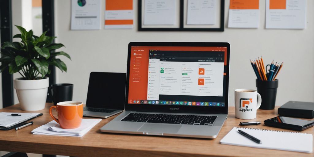 Laptop showing Zapier dashboard on a desk.