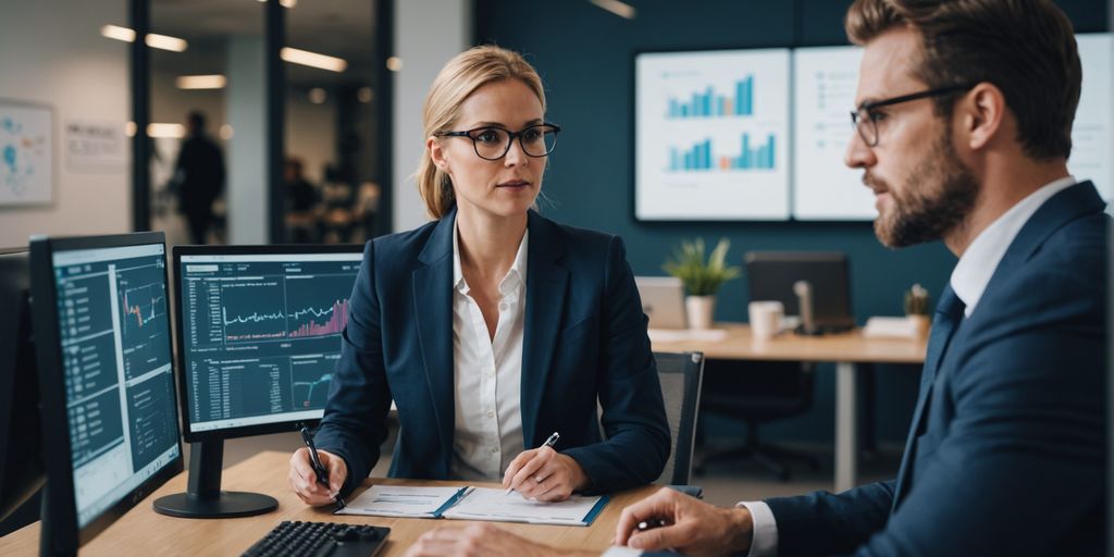 Professional discussing AI call routing in office