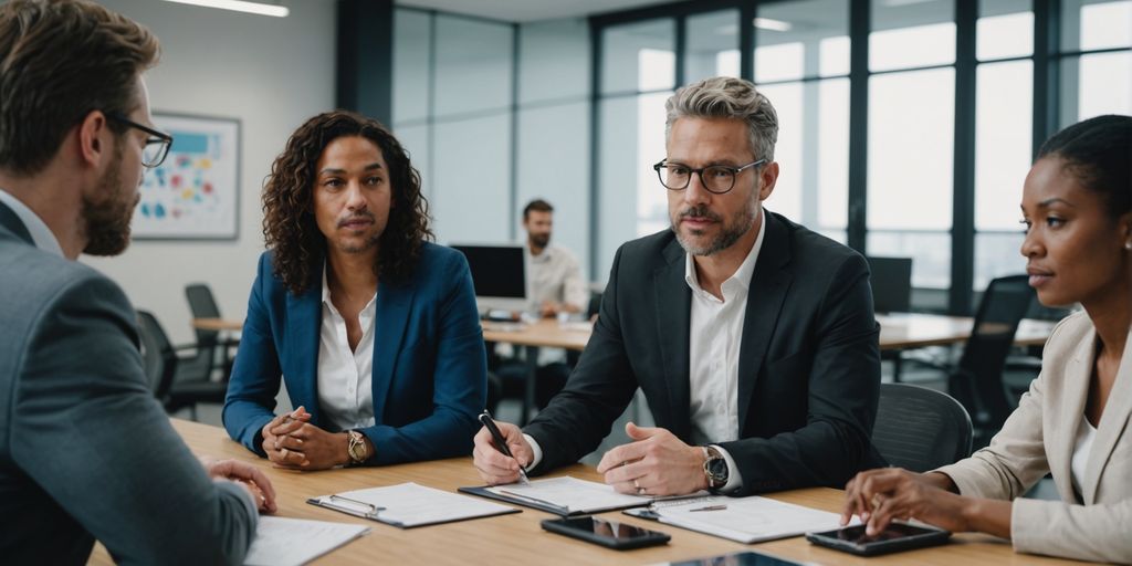 Professionals discussing AI strategies in a meeting.