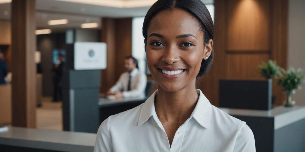 AI receptionist smiling in a modern office