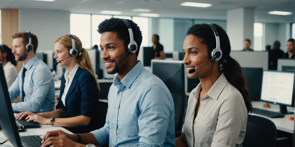 Call center agents working with headsets and computers.