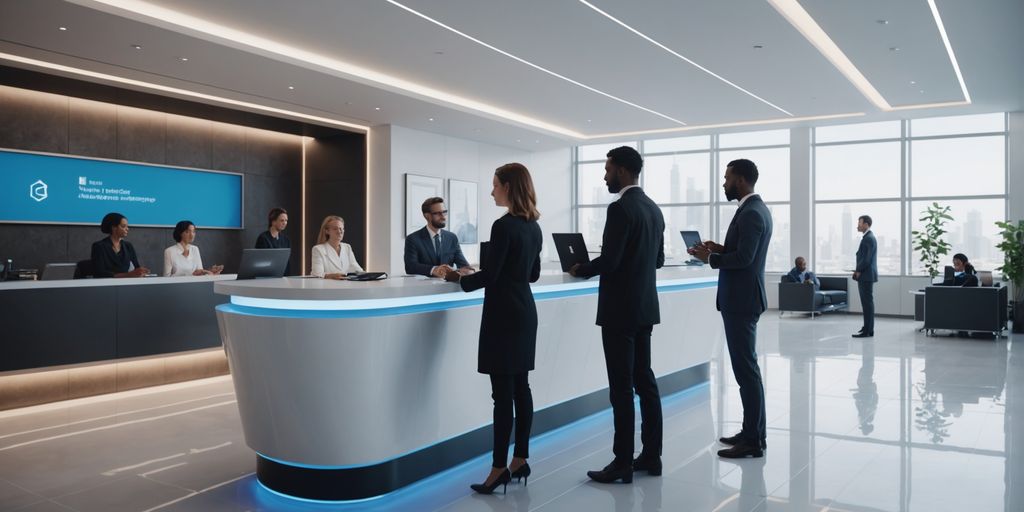 AI receptionist in a modern office lobby