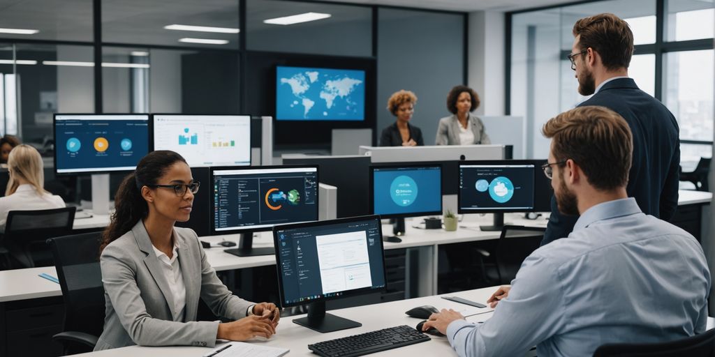 Professionals collaborating in modern office with AI software.