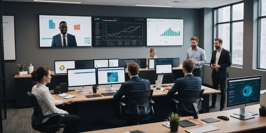 Team collaborating with AI call management software.