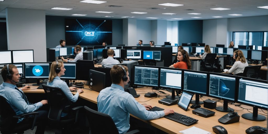 Call center agents with headsets and computer screens.