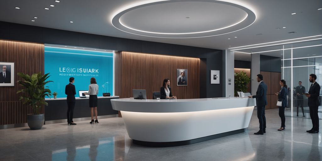 AI receptionist in modern office lobby interacting with visitors