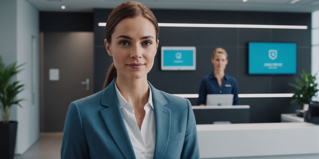 AI receptionist in a modern office lobby