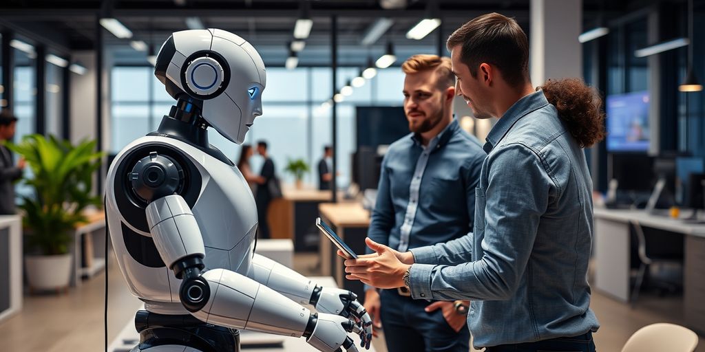 Robot and humans working together in an office.