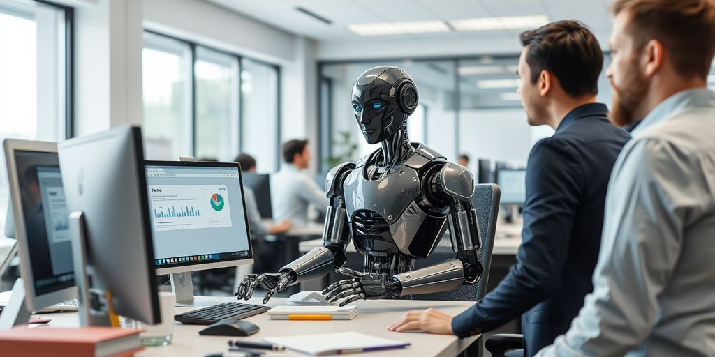 Humanoid robot working in an office
