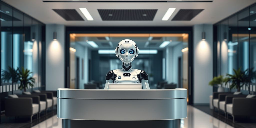AI receptionist in a modern office lobby