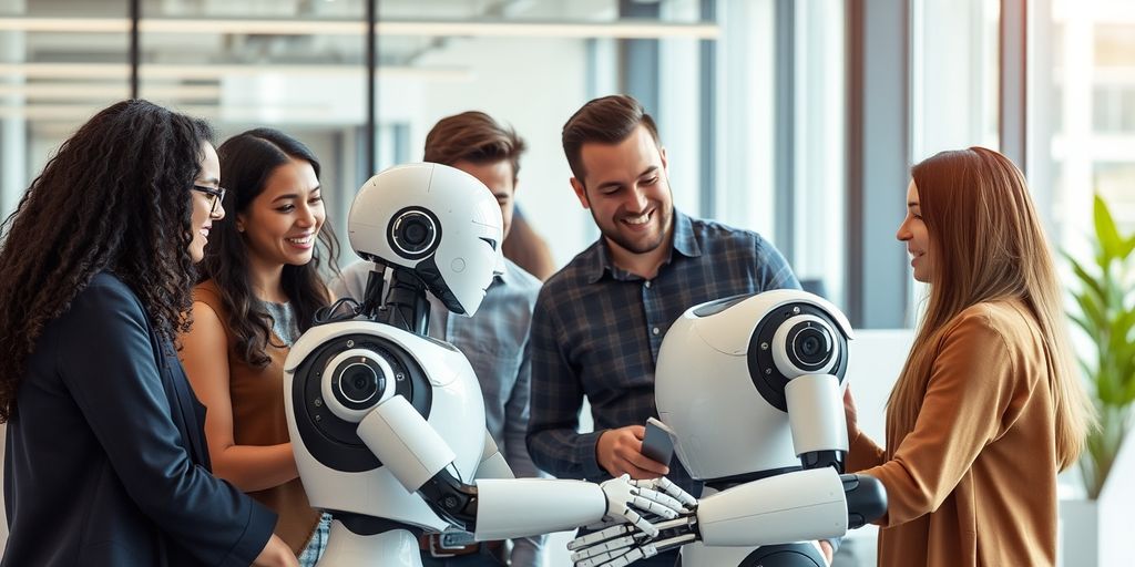 Team working with a humanoid robot in an office