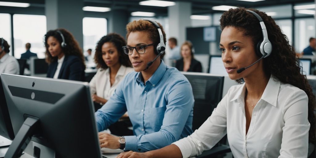 Customer service team using AI technology in office.