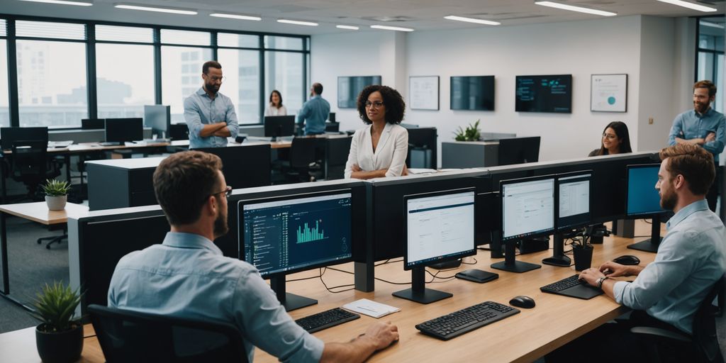 Team collaborating in modern office with AI solution.