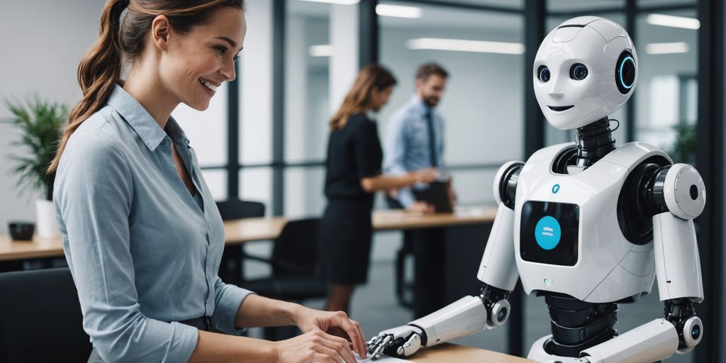 AI robot receptionist with human visitor at office desk.